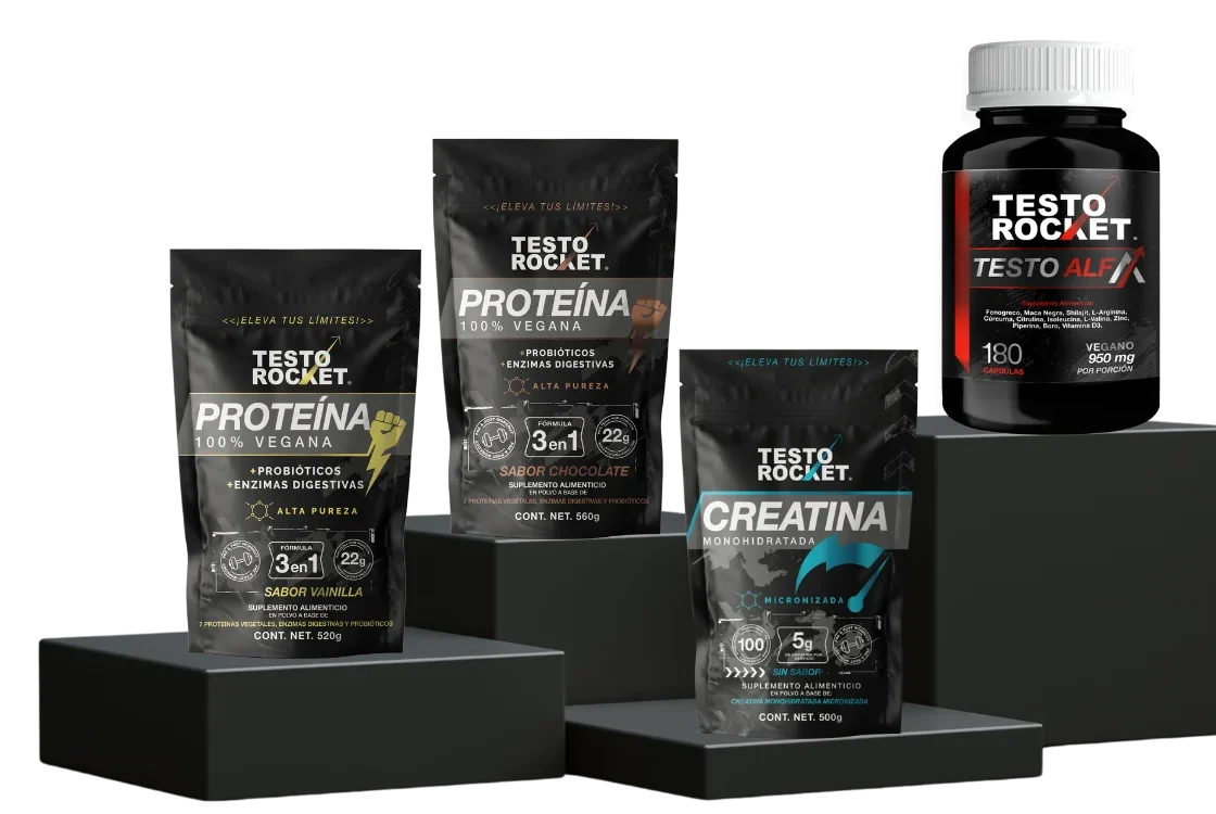 Productos Testo Rocket: Testo Alfa, proteínas veganas 3 en 1 y creatina micronizada